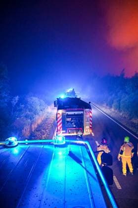 ATTENTION EDITORS - HANDOUT PICTURES - MANDATORY CREDIT - EDITORIAL USE ONLY - Handout pictured distributed shows Firemen in action as a fire rages in the Hautes Fagnes (High Fens) nature reserve, on Monday 17 August 2026. The fire started on August 14th and 2700 hectares (on a total of 4500) are impacted.  IMAGESxVHP 183602839