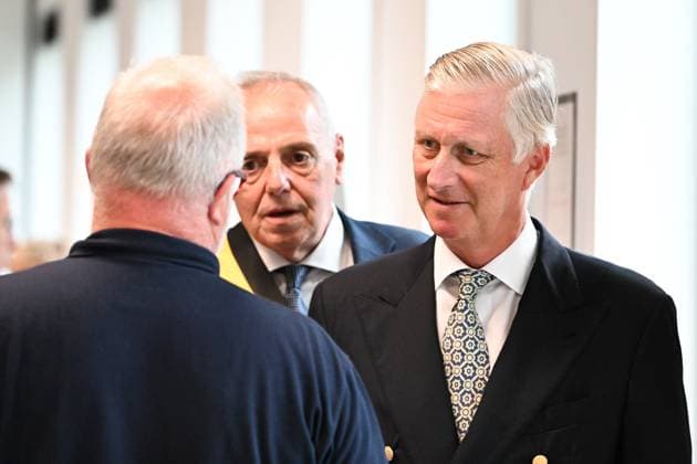 Liege province governor Herve Jamar and King Philippe - Filip of Belgium are pictured at a visit of Belgian king to the crisis center in Vottem, as fire rages in the Hautes Fagnes (High Fens) nature reserve, on Monday 17 August 2026 in Waimes. The fire started on August 14th and 2700 hectares (on a total of 4500) are impacted.  JILLxDELSAUX 183604488