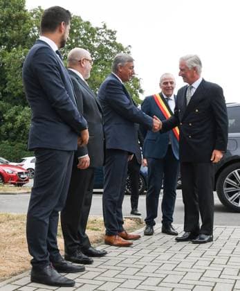 Walloon Minister President Adrien Dolimont; Minister of Interior Bernard Quintin; Vice-prime minister and Minister of Finance, Combating Tax Fraud, Pensions, National Lottery and Cultural Institutions Jan Jambon; Liege province governor Herve Jamar and King Philippe - Filip of Belgium pictured at a visit of Belgian king to the crisis center in Vottem, as fire rages in the Hautes Fagnes (High Fens) nature reserve, on Monday 17 August 2026 in Waimes. The fire started on August 14th and 2700 hectares (on a total of 4500) are impacted.  JILLxDELSAUX 183604496