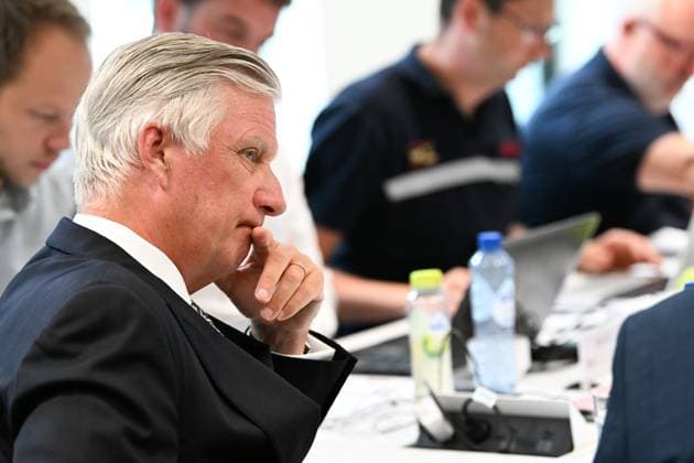 King Philippe - Filip of Belgium pictured during a briefing, part of a visit of Belgian king to the crisis center in Vottem, as fire rages in the Hautes Fagnes (High Fens) nature reserve, on Monday 17 August 2026 in Waimes. The fire started on August 14th and 2700 hectares (on a total of 4500) are impacted.  JILLxDELSAUX 183604505