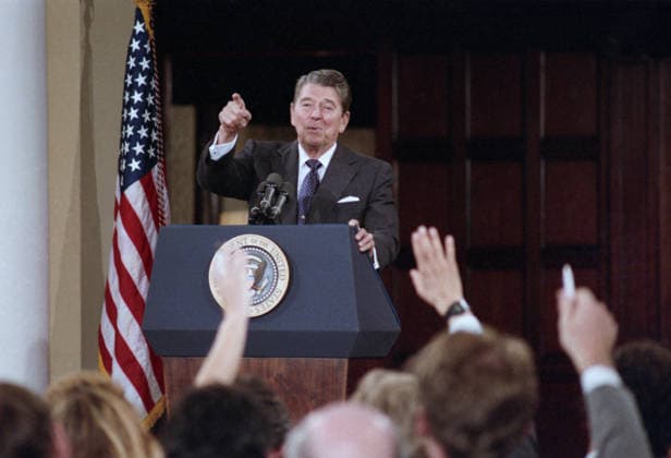 Moscow, USSR. United States President Ronald Reagan speaks at a press conference for Soviet and foreign journalists s at the US Ambassador s residence following the ceremony of exchanging instruments of ratification of the Intermediate-Range Nuclear Forces Treaty between the Soviet Union and the United States signed in December, 1987 in Washington. Valentin Sobolev TASS  17060491