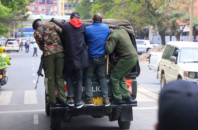 Demonstrators protest police conduct and disappearances in Kenya NAIROBI, KENYA - AUGUST 17: Police officers detain activists during a protest outside the National Police Service headquarters in Nairobi, Kenya, on August 17, 2026. Demonstrators gathered to protest cases of brutality and enforced disappearances, calling for the resignation of Kenya s Inspector General of Police Douglas Kanja and demanding investigations into unresolved cases involving missing persons. Lucas Mukasa Anadolu Nairobi Kenya. Editorial use only. Please get in touch for any other usage.  Copyright: x2026xAnadoluxLucasxMukasax