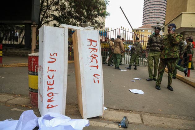 Demonstrators protest police conduct and disappearances in Kenya NAIROBI, KENYA - AUGUST 17: Security forces take measures during a protest outside the National Police Service headquarters in Nairobi, Kenya, on August 17, 2026. Demonstrators gathered to protest cases of brutality and enforced disappearances, calling for the resignation of Kenya s Inspector General of Police Douglas Kanja and demanding investigations into unresolved cases involving missing persons. Lucas Mukasa Anadolu Nairobi Kenya. Editorial use only. Please get in touch for any other usage.  Copyright: x2026xAnadoluxLucasxMukasax