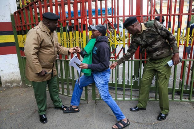 Demonstrators protest police conduct and disappearances in Kenya NAIROBI, KENYA - AUGUST 17: Security forces take measures during a protest outside the National Police Service headquarters in Nairobi, Kenya, on August 17, 2026. Demonstrators gathered to protest cases of brutality and enforced disappearances, calling for the resignation of Kenya s Inspector General of Police Douglas Kanja and demanding investigations into unresolved cases involving missing persons. Lucas Mukasa Anadolu Nairobi Kenya. Editorial use only. Please get in touch for any other usage.  Copyright: x2026xAnadoluxLucasxMukasax