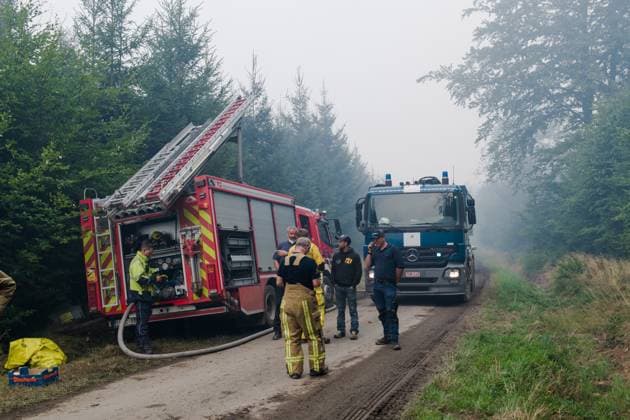 Picture of firefighters taken at the command center in Sourbrodt, as fire rages in the Hautes Fagnes (High Fens) nature reserve, on Monday 17 August 2026. The fire started on August 14th and 3000 hectares (on a total of 4500) are impacted.  NICOLASxLAMBERT 183613940
