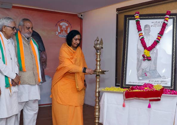 Sadhvi Ritambhara Graces the Rashtra Chintan Diwas Programme Mathura Uttar Pradesh , Aug 17 (ANI): Sadhvi Ritambhara lights a ceremonial lamp during the Rashtra Chintan Diwas programme at Vrindavan s Samvid Gurukulam Girls Sainik School, in Mathura on Monday. Mathura Uttar Pradesh India Copyright: xANIx ANI_20260817404