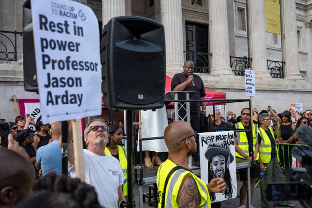 August 17, 2026, London, London, UK: LONDON, UK. People attend a vigil in Trafalgar Square for the late Jason Arday, the former Cambridge professor who was found dead at an address in Battersea, south London, on 14 August following his resignation as a professor of sociology of education after allegations of plagiarism and questions about some of his achievements. The vigil has been called by Stand Up to Racism who say that Ã¢â‚¬Ëœthe right-wing press, politicians and the far right subjected Arday to the most vicious racismÃ¢ London UK  - ZUMAl94_ 20260817_zaf_l94_074 Copyright: xStephenxChungx
