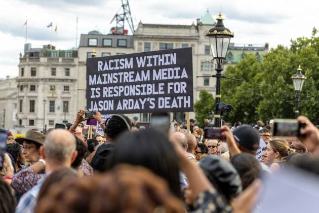 August 17, 2026, London, United Kingdom: Members of the public hold a sign, in support, at a vigil for Professor Jason Arday in Trafalgar Square..A vigil was organised by the campaign group Stand Up to Racism, after Professor Jason Arday was found dead at his home. He had resigned from his position as professor of sociology of education at Cambridge, amid accusations of plagiarism, which he denied. London United Kingdom - ZUMAs197 20260817_aaa_s197_112 Copyright: xPhilxLewisx