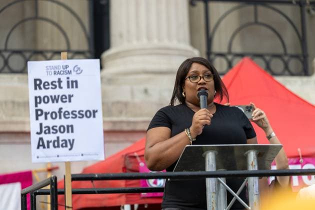 August 17, 2026, London, United Kingdom: MP Bell Ribeiro-Addy gives a speech as mourners gather for a vigil for Professor Jason Arday in Trafalgar Square..A vigil was organised by the campaign group Stand Up to Racism, after Professor Jason Arday was found dead at his home. He had resigned from his position as professor of sociology of education at Cambridge, amid accusations of plagiarism, which he denied. London United Kingdom - ZUMAs197 20260817_aaa_s197_125 Copyright: xPhilxLewisx