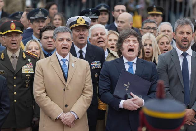 RECORD DATE NOT STATED Argentina: Milei at the ceremony honoring General San Martin. President Javier Milei delivered a speech at the San Martin Monument, located in the Retiro neighborhood of Buenos Aires, to mark the 176th anniversary of the Liberator™s passing. In the photo: City Mayor Jorge Macri (L) alongside President Javier Milei (R). Buenos Aires Argentina Copyright: xImagoxImages EstebanxOsoriox _52A0184