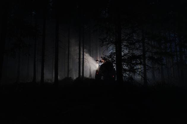 Firefighters pictured in action, as a fire rages in the Hautes Fagnes (High Fens) nature reserve, on Tuesday 18 August 2026. The fire started on August 14th and 2700 hectares (on a total of 4500) are impacted.  NICOLASxLAMBERT 183633863