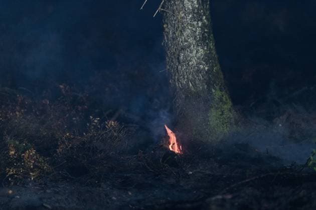 Firefighters pictured in action, as a fire rages in the Hautes Fagnes (High Fens) nature reserve, on Tuesday 18 August 2026. The fire started on August 14th and 2700 hectares (on a total of 4500) are impacted.  NICOLASxLAMBERT 183633848