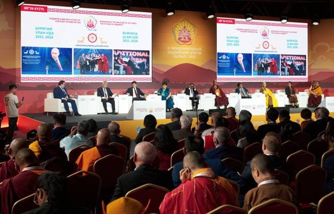 Russia International Buddhist Forum 9223427 18.08.2026 Speakers attend a plenary session of the 4th International Buddhist Forum Buddhism in Dialogue with Cultures: The Future of Humanity in Kyzyl, the Republic of Tuva, Russia. Alexei Danichev Sputnik Kyzyl Republic of Tuva Russia  Copyright: xAlexeixDanichevx