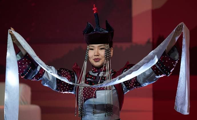 Russia International Buddhist Forum 9223418 18.08.2026 An artist performs during an opening ceremony of the 4th International Buddhist Forum Buddhism in Dialogue with Cultures: The Future of Humanity in Kyzyl, the Republic of Tuva, Russia. Alexei Danichev Sputnik Kyzyl Republic of Tuva Russia  Copyright: xAlexeixDanichevx