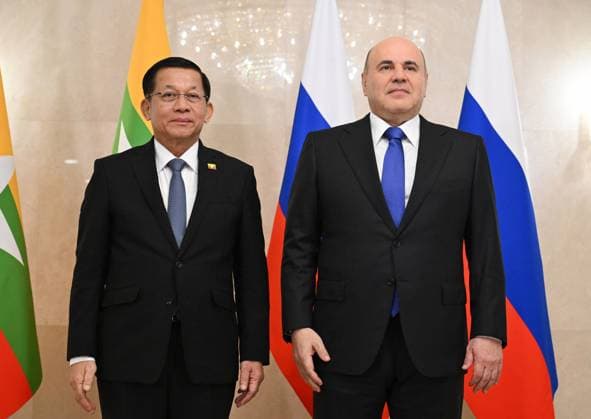 Russia Myanmar Mishustin 9223488 18.08.2026 Myanmar President Min Aung Hlaing and Russian Prime Minister Mikhail Mishustin pose for photos before a meeting in Moscow, Russia. Alexander Miridonov Sputnik Moscow Russia  Copyright: xAlexanderxMiridonovx