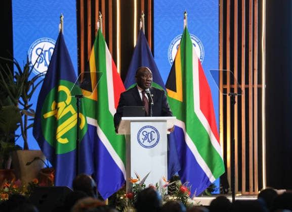 (260818) -- DURBAN, Aug. 18, 2026 -- South African President Cyril Ramaphosa speaks during the opening ceremony of the 46th Ordinary Summit of the Southern African Development Community (SADC) Heads of State and Government in Durban, South Africa, Aug. 17, 2026. The summit opened Monday in South Africa s coastal city of Durban, with calls for deeper regional integration and stronger cooperation to advance industrialization and economic development. TO GO WITH SADC summit opens in S. Africa s Durban with call for deeper regional integration ) SOUTH AFRICA-DURBAN-SADC-46TH SUMMIT-OPENING ChenxWei 