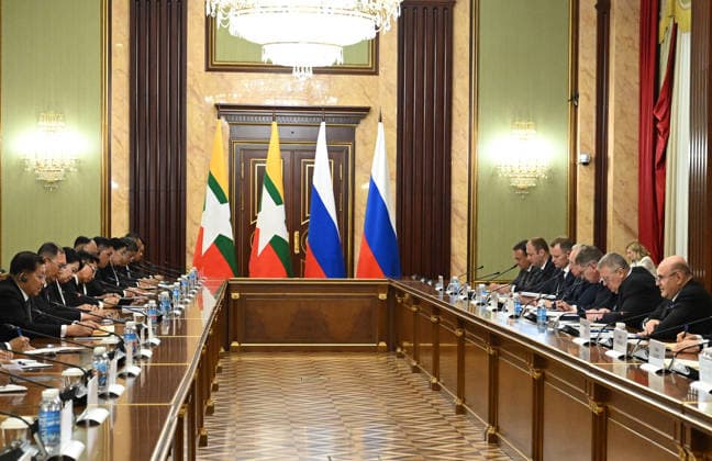 Russia Myanmar Mishustin 9223541 18.08.2026 Myanmar President Min Aung Hlaing and Russian Prime Minister Mikhail Mishustin attend a meeting in Moscow, Russia. Alexander Miridonov Sputnik Moscow Russia  Copyright: xAlexanderxMiridonovx