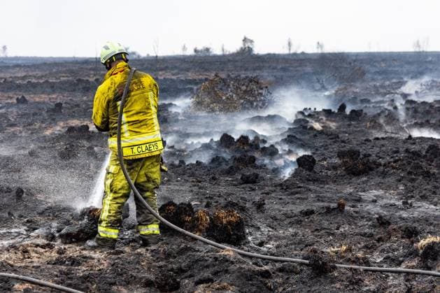 Firemen pictured on the site of the fire in the Hautes Fagnes (High Fens) nature reserve, on Tuesday 18 August 2026. The fire started on August 14th and 3000 hectares (on a total of 4500) are impacted.  BRUNOxFAHY 183663645