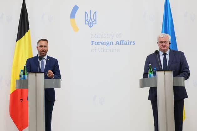 Vice-prime minister and Minister of Foreign Affairs Maxime Prevot and Ukraine s Foreign Minister Andriy Sybiha pictured at a press moment during a visit to Kyiv, Tuesday 18 August 2026, part of a visit of the Belgian Foreign Minister to Ukraine.  BENOITxDOPPAGNE 183663833