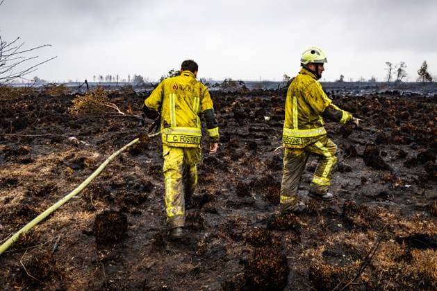 Firemen pictured on the site of the fire in the Hautes Fagnes (High Fens) nature reserve, on Tuesday 18 August 2026. The fire started on August 14th and 3000 hectares (on a total of 4500) are impacted.  BRUNOxFAHY 183664623