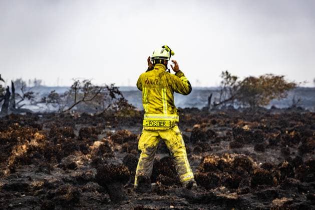 Firemen pictured on the site of the fire in the Hautes Fagnes (High Fens) nature reserve, on Tuesday 18 August 2026. The fire started on August 14th and 3000 hectares (on a total of 4500) are impacted.  BRUNOxFAHY 183665283