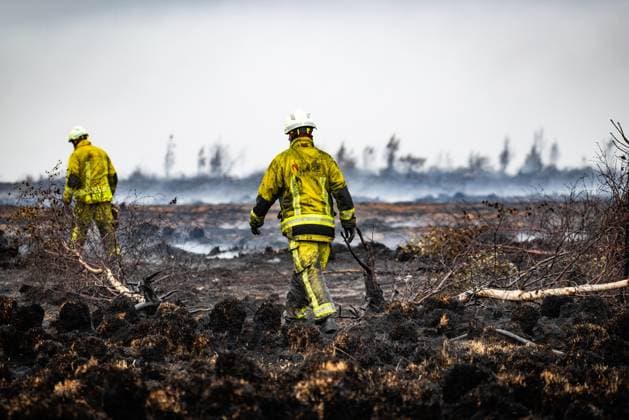 Firemen pictured on the site of the fire in the Hautes Fagnes (High Fens) nature reserve, on Tuesday 18 August 2026. The fire started on August 14th and 3000 hectares (on a total of 4500) are impacted.  BRUNOxFAHY 183665514