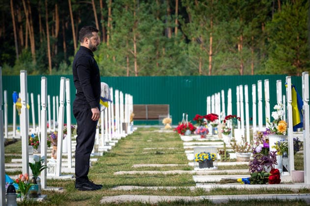 Ukraine holds funeral ceremony for nationalist leader Yevhen Konovalets in Kyiv KYIV, UKRAINE - AUGUST 18: (----EDITORIAL USE ONLY - MANDATORY CREDIT - UKRAINIAN PRESIDENCY HANDOUT - NO MARKETING NO ADVERTISING CAMPAIGNS - DISTRIBUTED AS A SERVICE TO CLIENTS----) Ukrainian President Volodymyr Zelenskyy attends the funeral and reburial ceremony of Yevhen Konovalets, a Ukrainian nationalist leader and founder of the Organization of Ukrainian Nationalists, in Kyiv, Ukraine, on August 18, 2026. Ukrainian Presidency Handout Anadolu Kyiv Ukraine. Editorial use only. Please get in touch for any other usage.  Copyright: x2026xAnadoluxUkrainianxPresidency Handoutx