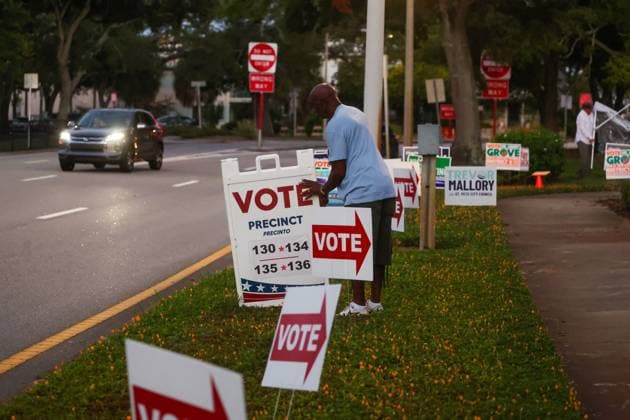 August 18, 2026, St. Petersburg, Florida, USA: Walter Jamison, from St. Petersburg, a poll worker for 15 years, set out voting signs a few minutes before the polls open at the St. Petersburg Coliseum on Primary Day on Tuesday, Aug. 18, 2026 in St. Petersburg. St. Petersburg USA - ZUMAs70_ 20260818_zan_s70_009 Copyright: xDirkxShaddx
