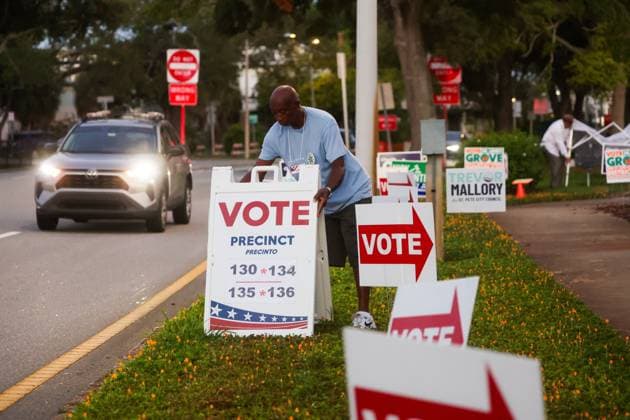 August 18, 2026, St. Petersburg, Florida, USA: Walter Jamison, from St. Petersburg, a poll worker for 15 years, set out voting signs a few minutes before the polls open at the St. Petersburg Coliseum on Primary Day on Tuesday, Aug. 18, 2026 in St. Petersburg. St. Petersburg USA - ZUMAs70_ 20260818_zan_s70_010 Copyright: xDirkxShaddx