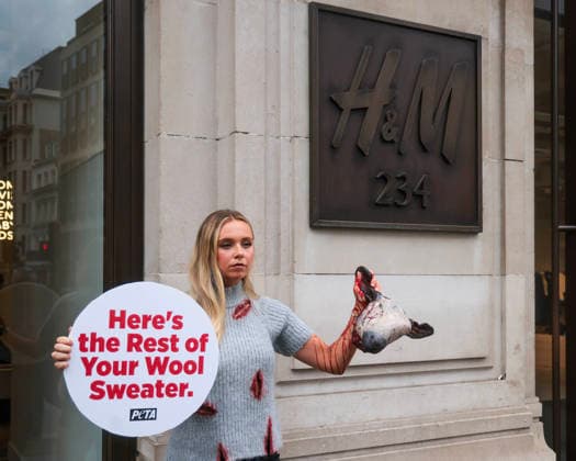 . 18 08 2026. London, United Kingdom. Peta Protest HM. Outside H&M s Regent Street store on Tuesday, a PETA supporter wearing bloodied faux-wool clothing displays a realistic severed sheep head holding a sign reading Here s the Rest of Your Wool Sweater! Wear Vegan! as the animal protection group calls on H&M to end its sale of wool.  xMartynxWheatleyx xi-Imagesx IIM-26951-0011