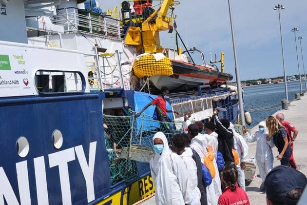 Humanity 1 docks in Ravenna with 73 migrants rescued in Mediterranean MARINA DI RAVENNA, ITALY AUGUST 18, 2026: The Humanity 1, a search-and-rescue vessel operated by German NGO SOS Humanity, docks at the port of Marina di Ravenna, Italy, on August 18, 2026, carrying 73 migrants rescued in the Mediterranean Sea during two operations on August 8 and 13. The group, mainly from Sudan and also including people from Somalia and South Sudan, included 17 minors. Marina di Ravenna Italy Copyright: x xLorenzoxPasinix xJNAxPressx