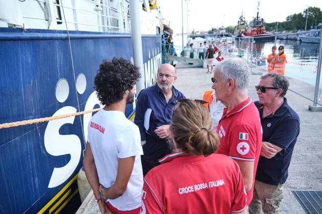 Humanity 1 docks in Ravenna with 73 migrants rescued in Mediterranean MARINA DI RAVENNA, ITALY AUGUST 18, 2026: The Humanity 1, a search-and-rescue vessel operated by German NGO SOS Humanity, docks at the port of Marina di Ravenna, Italy, on August 18, 2026, carrying 73 migrants rescued in the Mediterranean Sea during two operations on August 8 and 13. The group, mainly from Sudan and also including people from Somalia and South Sudan, included 17 minors. Marina di Ravenna Italy Copyright: x xLorenzoxPasinix xJNAxPressx
