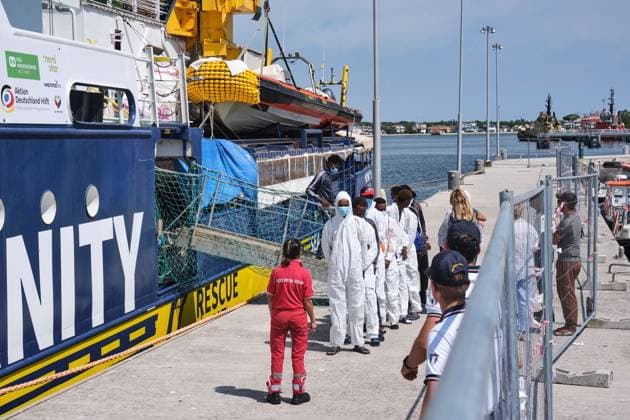 Humanity 1 docks in Ravenna with 73 migrants rescued in Mediterranean MARINA DI RAVENNA, ITALY AUGUST 18, 2026: The Humanity 1, a search-and-rescue vessel operated by German NGO SOS Humanity, docks at the port of Marina di Ravenna, Italy, on August 18, 2026, carrying 73 migrants rescued in the Mediterranean Sea during two operations on August 8 and 13. The group, mainly from Sudan and also including people from Somalia and South Sudan, included 17 minors. Marina di Ravenna Italy Copyright: x xLorenzoxPasinix xJNAxPressx