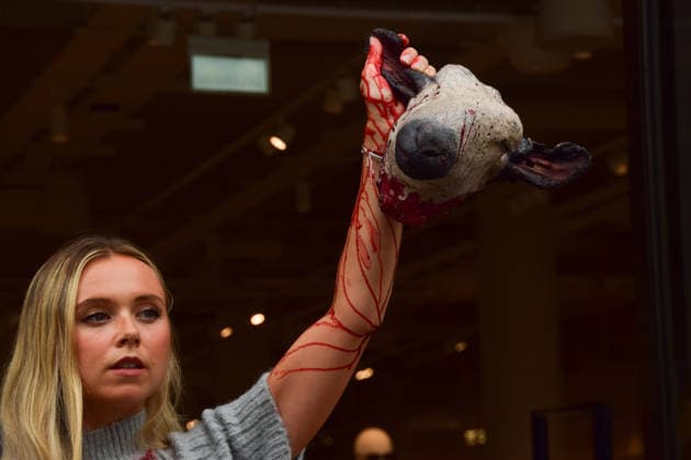 August 18, 2026, London, England, United Kingdom: A PETA activist wearing a faux wool top covered in fake blood holds an artificial severed sheep s head and a placard reading Here s the Rest of Your Wool Sweater outside the H&M store on Regent Street. The action is part of the animal rights group s ongoing campaign calling on H&M to stop selling wool products. London United Kingdom - ZUMAv130 20260818_zip_v130_042 Copyright: xVukxValcicx