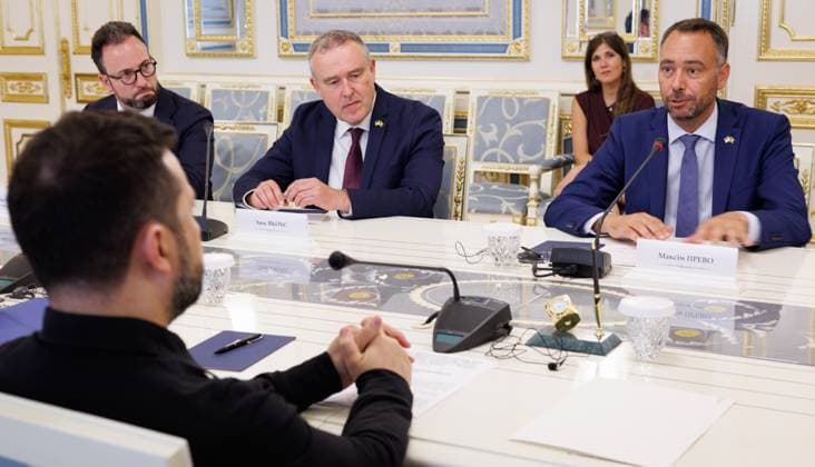 Ukraine president Volodymyr Zelensky, and and Vice-prime minister and Minister of Foreign Affairs Maxime Prevot pictured during a meeting with Ukrainian President during a visit to Kyiv, Tuesday 18 August 2026, part of a visit of the Belgian Foreign Minister to Ukraine.  BENOITxDOPPAGNE 183677744