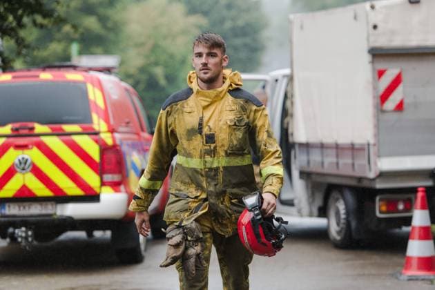 Picture shows a firefighter at the command center in Sourbrodt concerning the fire in the Hautes Fagnes (High Fens) nature reserve, on Tuesday 18 August 2026. The fire started on August 14th and 3000 hectares (on a total of 4500) are impacted.  NICOLASxLAMBERT 183665228
