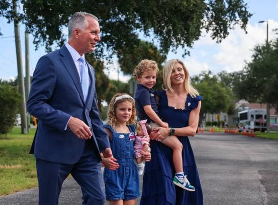 August 18, 2026, Largo, Florida, USA: David Jolly along with his family after voting at their home precinct, the Anona United Methodist Church, 13233 Indian Rocks Rd, on Tuesday, Aug. 18, 2026 in Largo. From left is Jolly, daughter CeCe, son Teddy, and wife Laura. Former U.S. Rep. David Jolly is among six Democrats running for governor. There are 11 Republicans running to replace the term-limited Gov. Ron DeSantis. Largo USA - ZUMAs70_ 20260818_zan_s70_031 Copyright: xDirkxShaddx