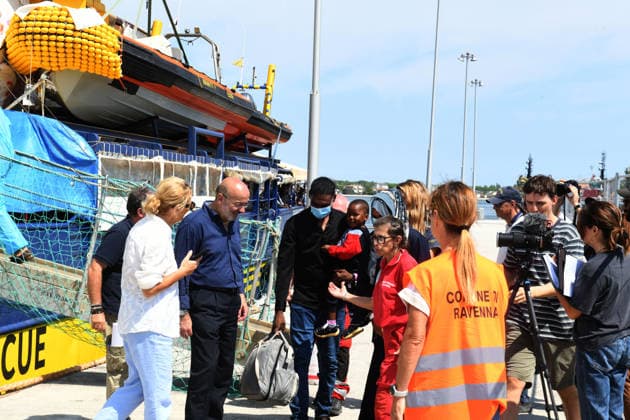 August 18, 2026, Ravenna, Rome, Italy: The NGO ship Humanity 1 has arrived in the port of Ravenna with 73 migrants on board, 15 of whom are minors and five women, one of whom is a minor. Most are from Sudan, with others from Senegal. This is the 28th landing in the port of Ravenna. The photo shows a family disembarking in the presence of Prefect Raffaele Ricciardi. Ravenna Italy  - ZUMAa289 20260818_zia_a289_008 Copyright: xAgfx