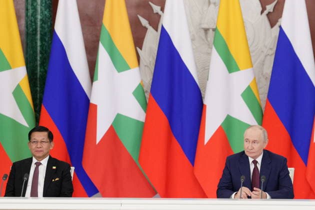 RUSSIA, MOSCOW - AUGUST 18, 2026: Min Aung Hlaing, President of Myanmar (L), and Vladimir Putin, President of Russia, are seen during a signing ceremony for a bilateral Russian-Myanmar cooperation agreement, following talks at the Moscow Kremlin. Gavriil Grigorov Russian Preside  96330916