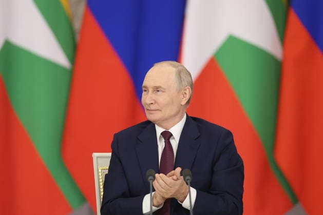 RUSSIA, MOSCOW - AUGUST 18, 2026: Vladimir Putin, President of Russia, is seen during a signing ceremony for a bilateral Russian-Myanmar cooperation agreement, following talks at the Moscow Kremlin. The ceremony was also attended by Min Aung Hlaing, President of Myanmar. Mikhail Sinitsyn TASS  96331289