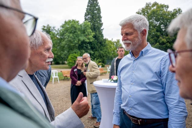 Czech President Petr Pavel, right and his wife Eva Pavlova, not seen, host meeting on environment, at Lany Chateau, Czech Republic, on August 18, 2026. Participants include scientists, farmers, representatives of companies and nonprofit organizations, experts and influencers. On the left side is seen former Environment Minister and ecologist Bedrich Moldan. (CTKxPhoto OndrejxDeml) CTKPhotoP2026081804853  CTKPhotoP2026081804853