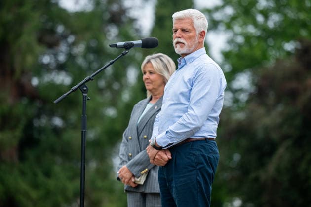 Czech President Petr Pavel, right, and his wife Eva Pavlova, left, host meeting on environment, at Lany Chateau, Czech Republic, on August 18, 2026. Participants include scientists, farmers, representatives of companies and nonprofit organizations, experts and influencers. (CTKxPhoto OndrejxDeml) CTKPhotoP2026081804898  CTKPhotoP2026081804898