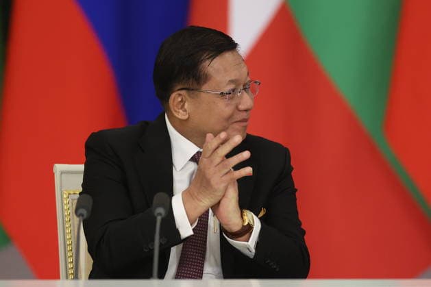 RUSSIA, MOSCOW - AUGUST 18, 2026: Min Aung Hlaing, President of Myanmar, is seen during a signing ceremony for a bilateral Russian-Myanmar cooperation agreement, following talks at the Moscow Kremlin. The ceremony was also attended by Vladimir Putin, President of Russia. Gavriil Grigorov Russian Preside  96331497