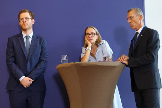 Press conference following the cyberattack targeting France tax authority - Paris Deputy Director-General of ANSSI, Colonel Stephane Bajard, France’s junior Minister for Public Accounts David Amiel and Director-General of the Directorate-General for Public Finance Amelie Verdier give a press conference on the State s response following the cyberattack targeting France s tax authority, the Directorate General of Public Finances (Direction generale des Finances Publiques - DGFiP) at Bercy, France s Economy and Finance Ministry in Paris on August 18, 2026. Photo by Raphael Lafargue ABACAPRESS.COM Paris France  Copyright: xLafarguexRaphael ABACAx
