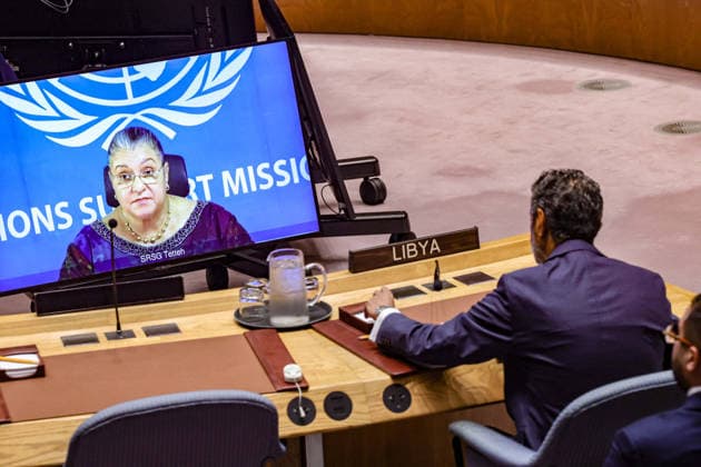 News Bilder des Tages August 18, 2026, New York, New York, United States: HANNA SERWAA TETTEH, Special Representative of the Secretary-General for Libya and Head of the United Nations Support Mission in Libya (UNSMIL), appears on screen as she briefs the UN Security Council on the situation in Libya. Tetteh addressed the UN-facilitated political roadmap towards elections and unified institutions, as well as recent political, economic, security, humanitarian and climate-related developments. New York United States  - ZUMAo116 20260818_znp_o116_002 Copyright: xBiancaxOterox
