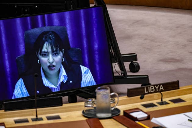 August 18, 2026, New York, New York, United States: NISSA BEK, climate activist and SDG localization specialist, appears on screen as she briefs the UN Security Council on the situation in Libya. Bek addressed the impact of extreme heat, electricity shortages and water insecurity on communities, and the links between climate pressures, governance and security in the country. New York United States  - ZUMAo116 20260818_znp_o116_007 Copyright: xBiancaxOterox