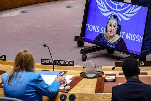 August 18, 2026, New York, New York, United States: HANNA SERWAA TETTEH, Special Representative of the Secretary-General for Libya and Head of the United Nations Support Mission in Libya (UNSMIL), appears on screen as she briefs the UN Security Council on the situation in Libya. Tetteh addressed the UN-facilitated political roadmap towards elections and unified institutions, as well as recent political, economic, security, humanitarian and climate-related developments. New York United States - ZUMAo116 20260818_znp_o116_005 Copyright: xBiancaxOterox