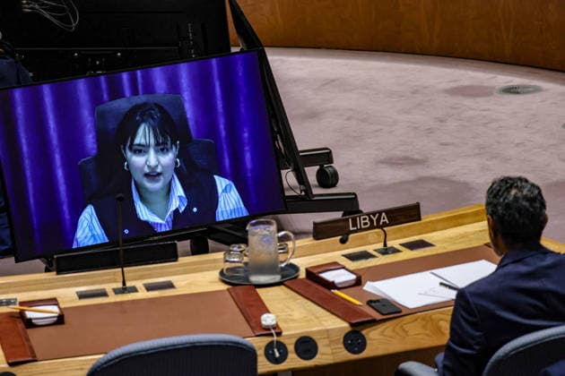 August 18, 2026, New York, New York, United States: NISSA BEK, climate activist and SDG localization specialist, appears on screen as she briefs the UN Security Council on the situation in Libya. Bek addressed the impact of extreme heat, electricity shortages and water insecurity on communities, and the links between climate pressures, governance and security in the country. New York United States - ZUMAo116 20260818_znp_o116_008 Copyright: xBiancaxOterox