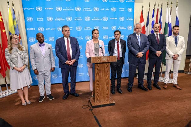 August 18, 2026, New York, New York, United States: SANDRA JENSEN LANDI, Deputy Permanent Representative of Denmark to the United Nations, delivers a joint statement at the UN Security Council stakeout on behalf of Council signatories to the Joint Pledges on Climate, Peace and Security, including Colombia, Denmark, France, Greece, Latvia, Liberia, Panama and the United Kingdom, ahead of a Security Council meeting on the situation in Libya, at UNHQ. New York United States  - ZUMAo116 20260818_znp_o116_037 Copyright: xBiancaxOterox