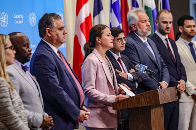August 18, 2026, New York, New York, United States: SANDRA JENSEN LANDI, Deputy Permanent Representative of Denmark to the United Nations, delivers a joint statement at the UN Security Council stakeout on behalf of Council signatories to the Joint Pledges on Climate, Peace and Security, including Colombia, Denmark, France, Greece, Latvia, Liberia, Panama and the United Kingdom, ahead of a Security Council meeting on the situation in Libya, at UNHQ. New York United States  - ZUMAo116 20260818_znp_o116_040 Copyright: xBiancaxOterox
